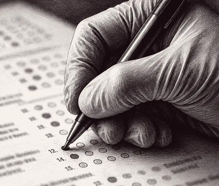 A gloved hand marking an answer sheet, from the Atlas Question Bank